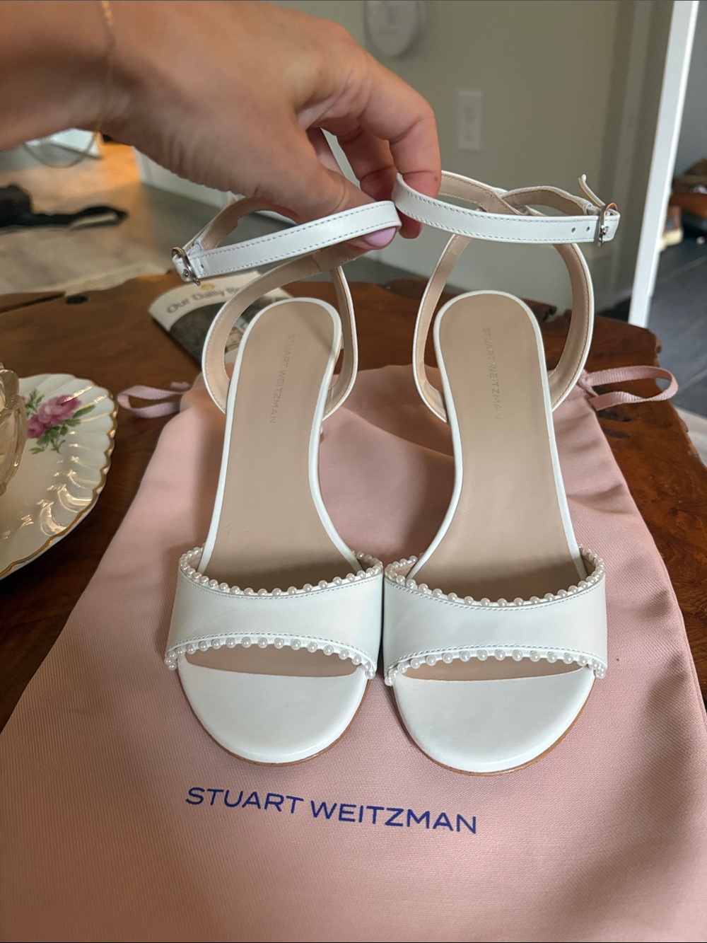 Stuart Weitzman White Pearl-Trim Open-Toe Ankle Strap Heels